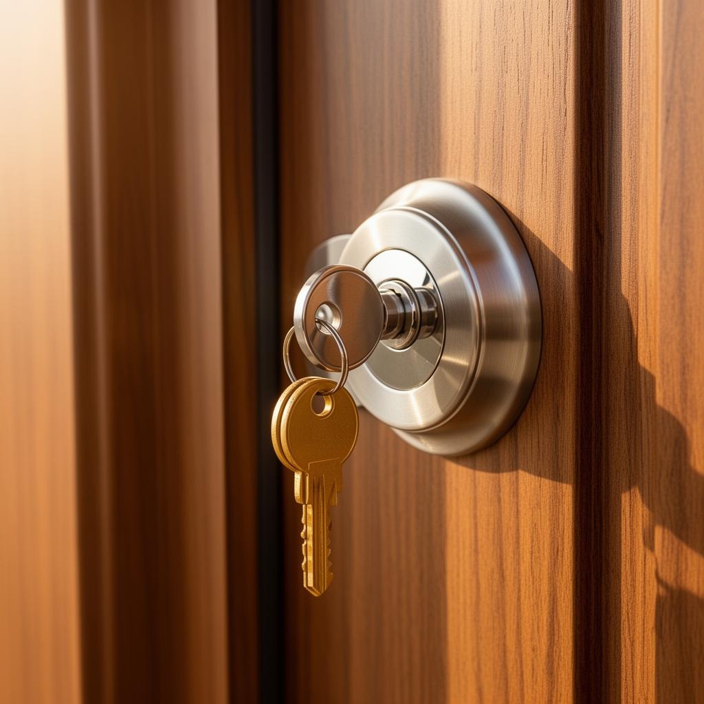 Serrure haute sécurité et clés sur porte en bois — Seruver2